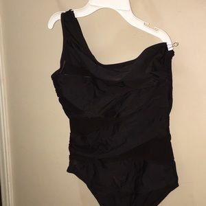 One piece shirted swimsuit, one shoulder